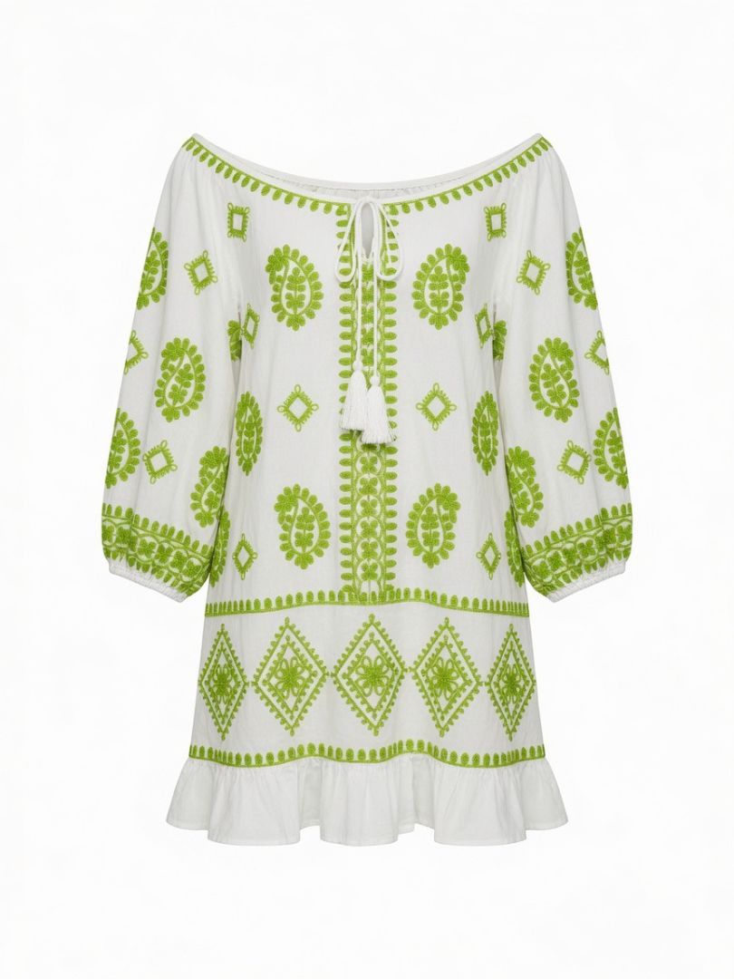 Elan White and Lime Green Embroidered Peasant Dress with Tassel ties