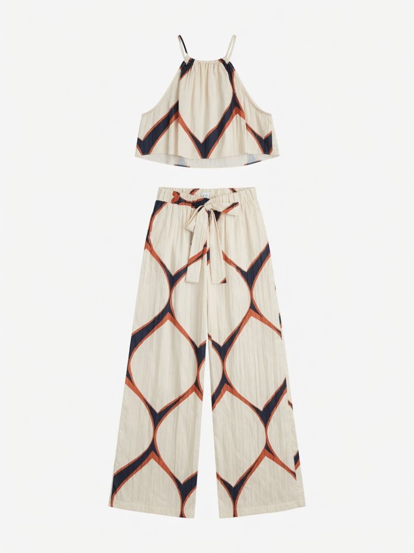 Misa Los Angeles Geometric Print Two Piece Set- Cream black and Rust Crop Top wide leg pants