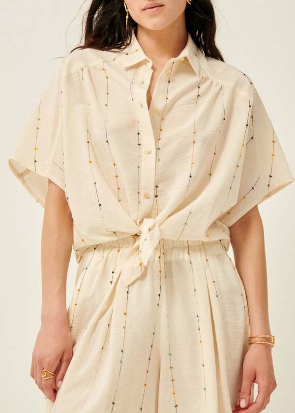 Sessun Beige Colorful Stitch Embroidered Tie Front Crop Button up Blouse