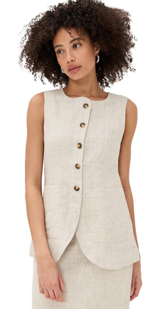 POSSE beige 100% linen, 100% cotton lining button sleeveless top/vest