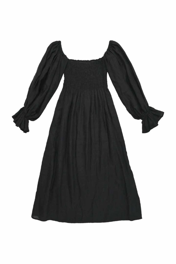 Sleeper Black Smocked Puff Sleeve Maxi Dress