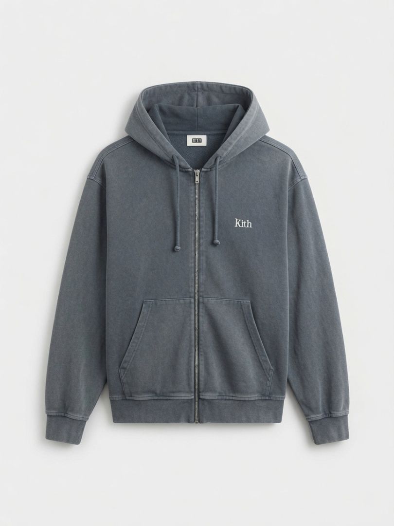 KITH blue zip up hoodie, slight acid wash