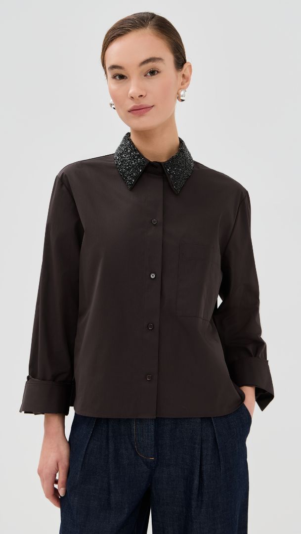 TWP chocolate brown button up with brown gem collar