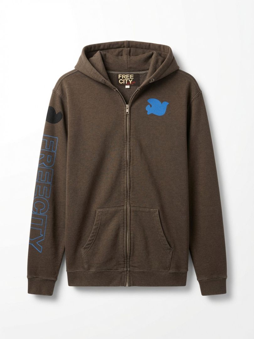 FREE CITY brown zip up hoodie, blue logo and writing on sleeve