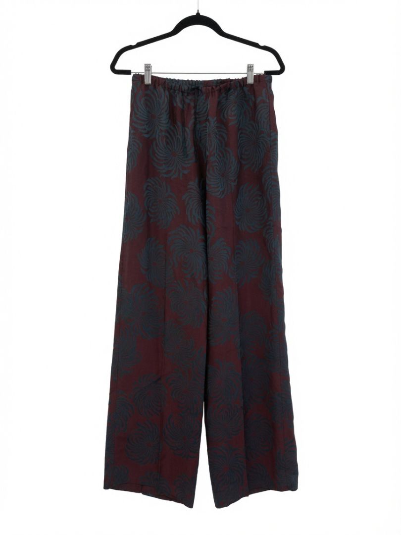 Dries Van Noten Burgundy Floral Print Wide Leg Silk Pants