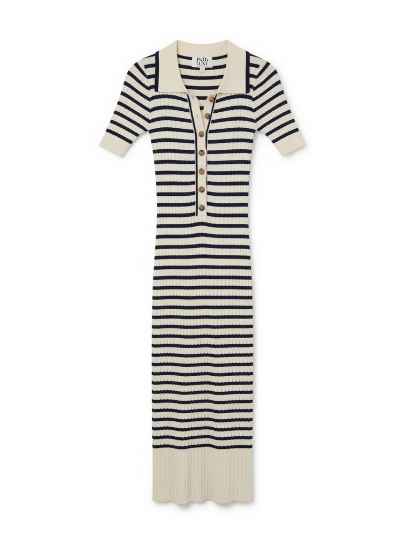 INDI LUXE BY INDIKAH cream and navy striped bodycon collared maxi dress