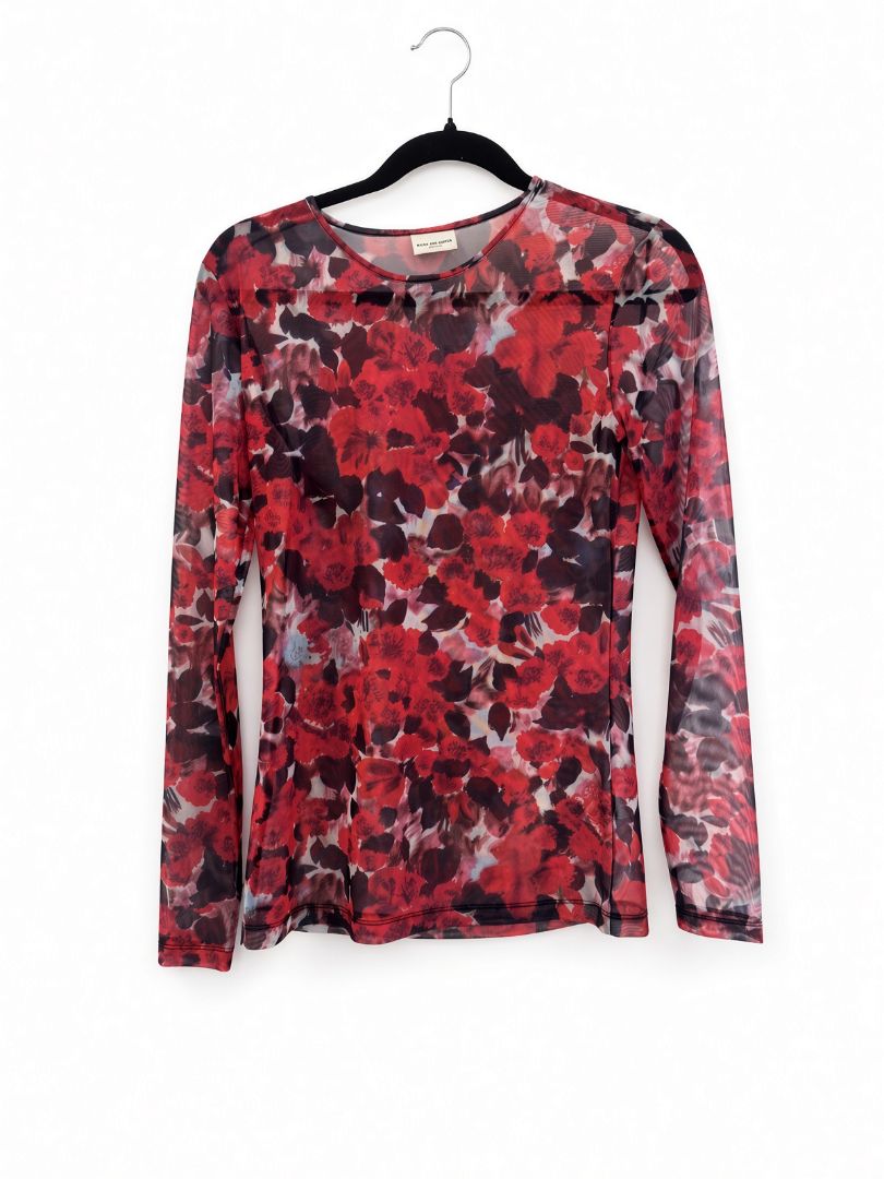 Red Dries Van Noten Dries Van Noten Sheer Red Floral Long Sleeve Top, M