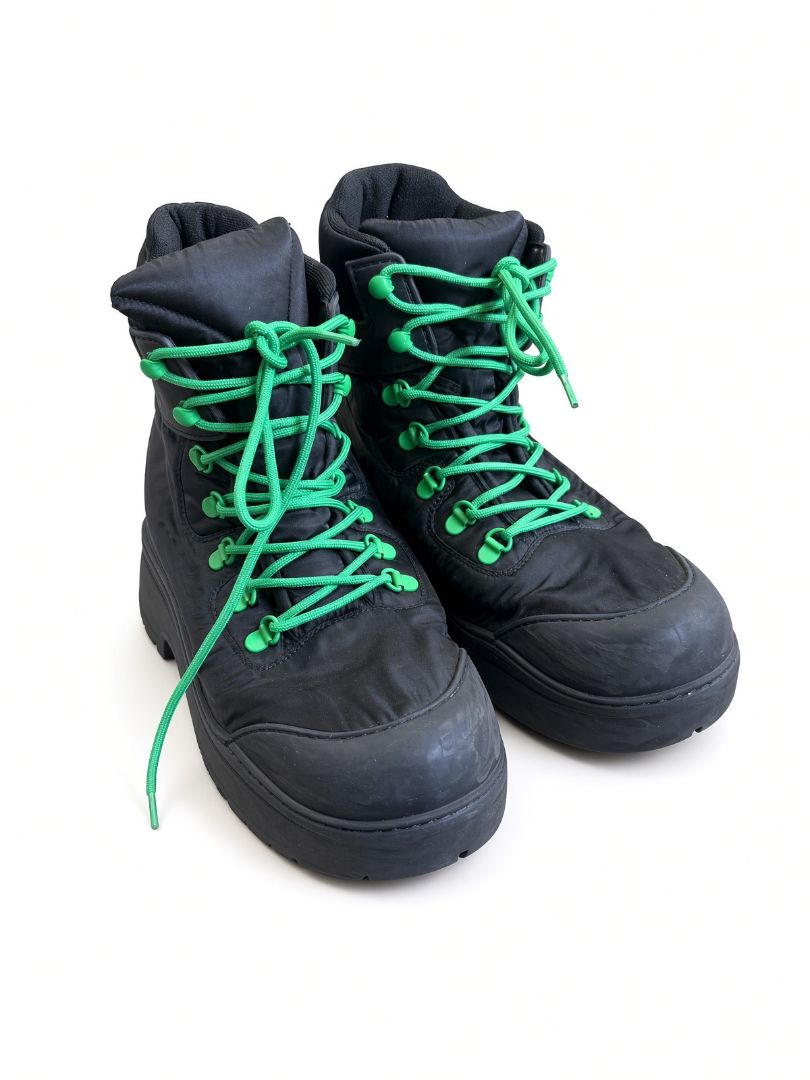 Bottega Veneta Black Nylon High Top Boots with Neon Green Laces