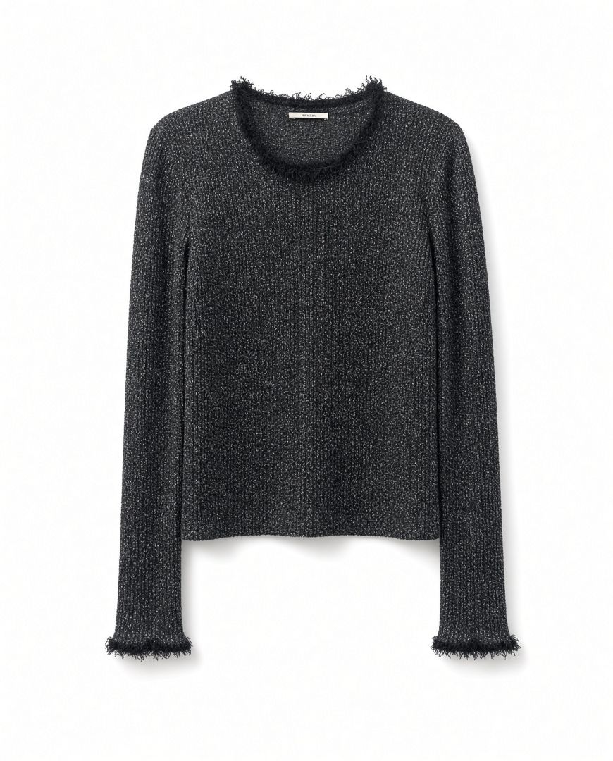 Celine Black Metallic Ribbed Frayed Crewneck Sweater