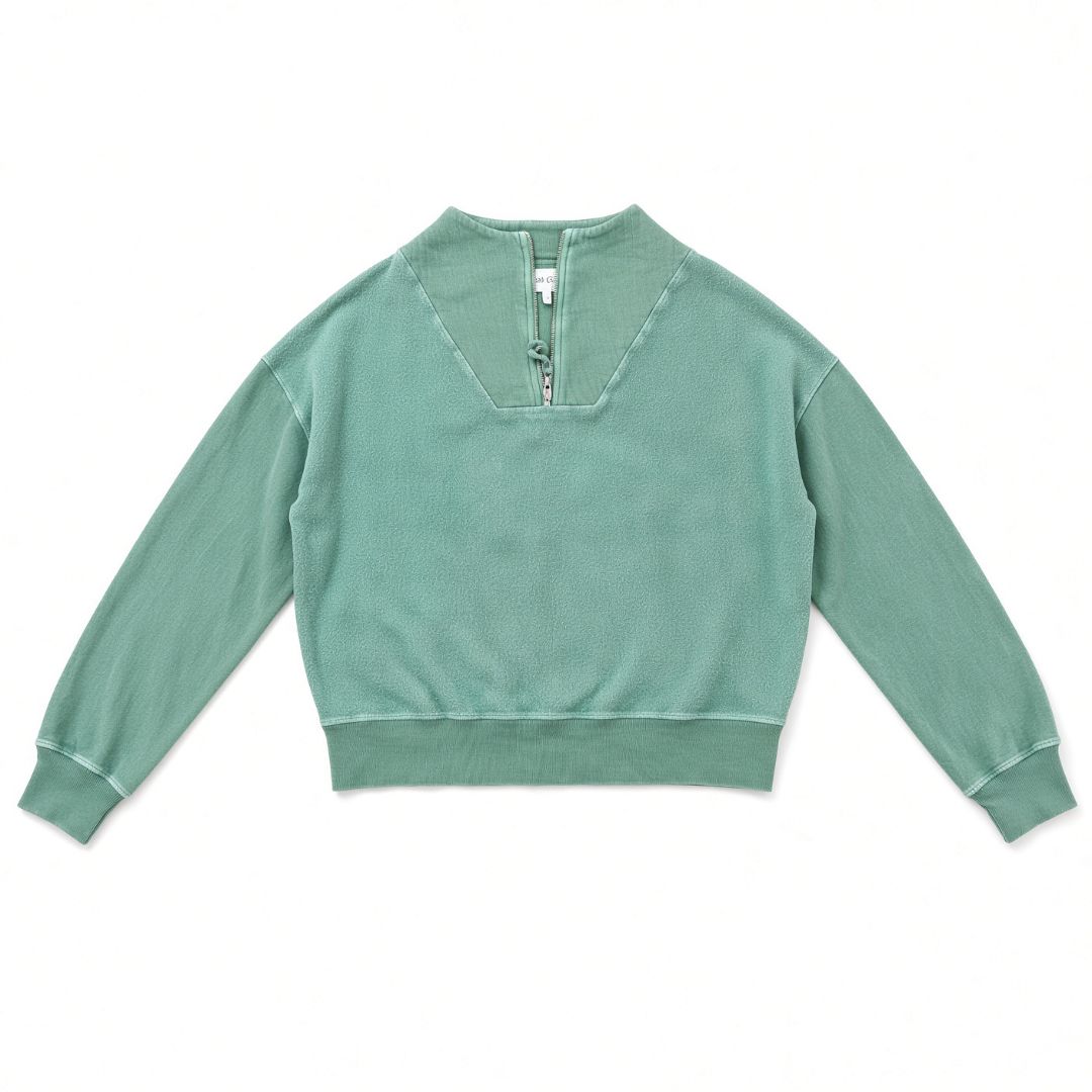 THE GREAT green textured quarter zip sweater