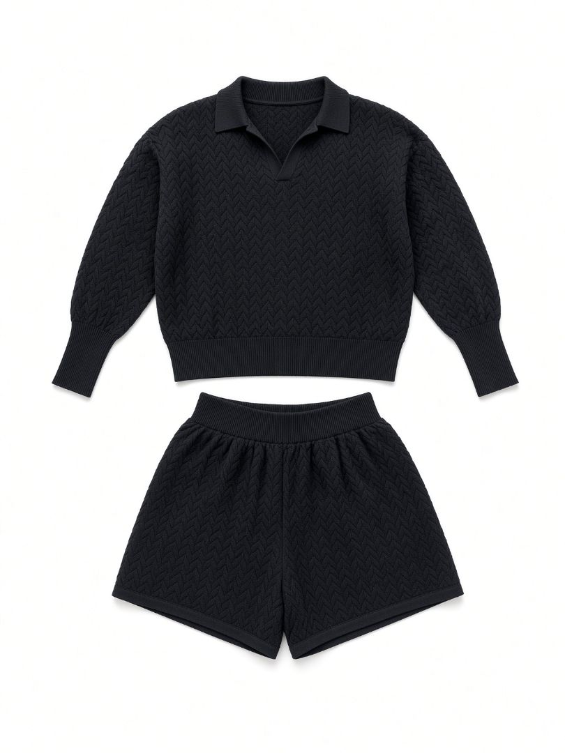 MR MITTENS black knit set, shorts and long sleeve collared sweater