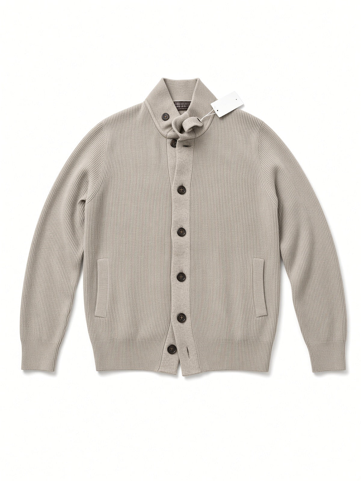 Brunello Cucinelli Cashmere Light Grey Ribbed Stand Collar Button Cardigan