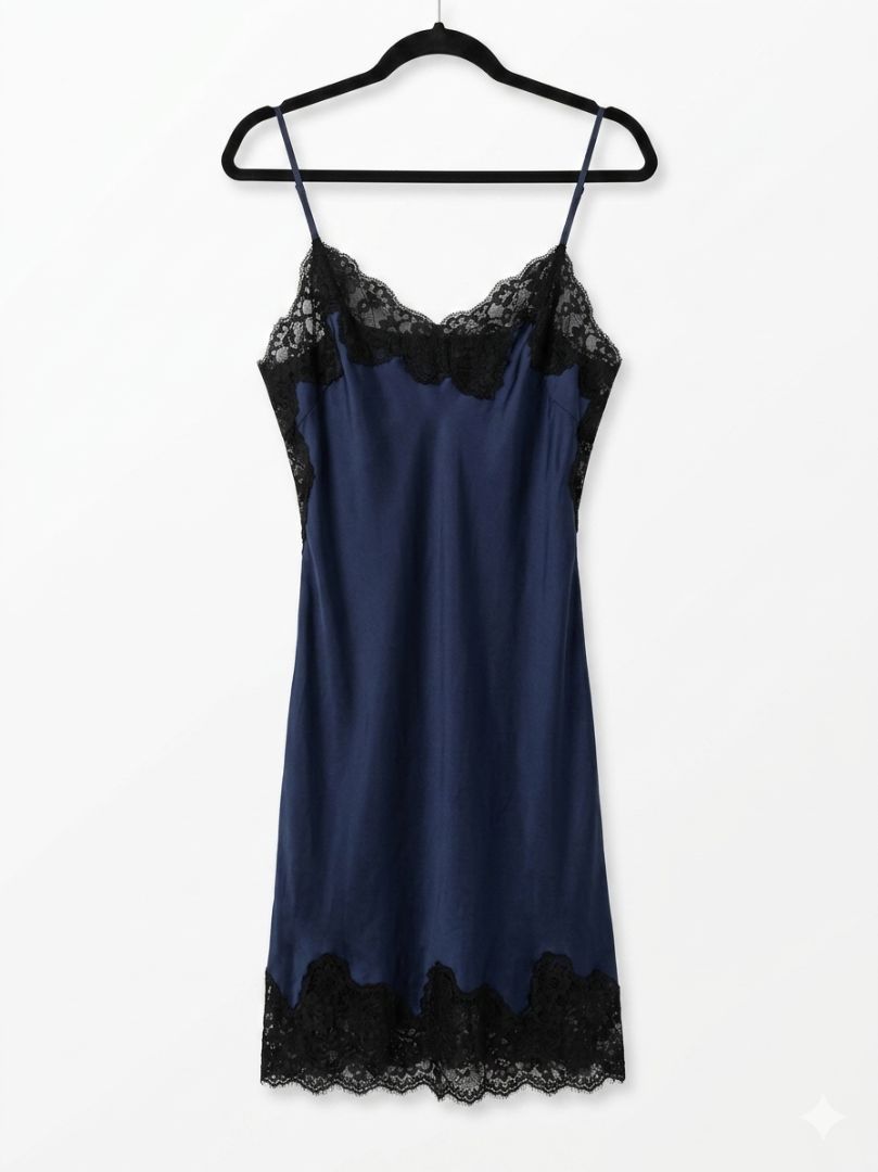 GOLD HAWK navy/black silk lace slip dress