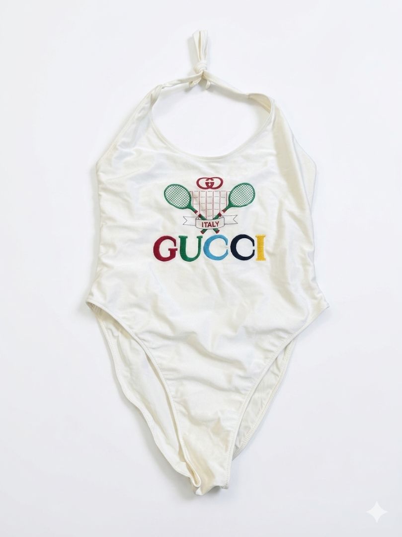 GUCCI 2020 white one piece tennis swimsuit with colourful gucci embriodered logo