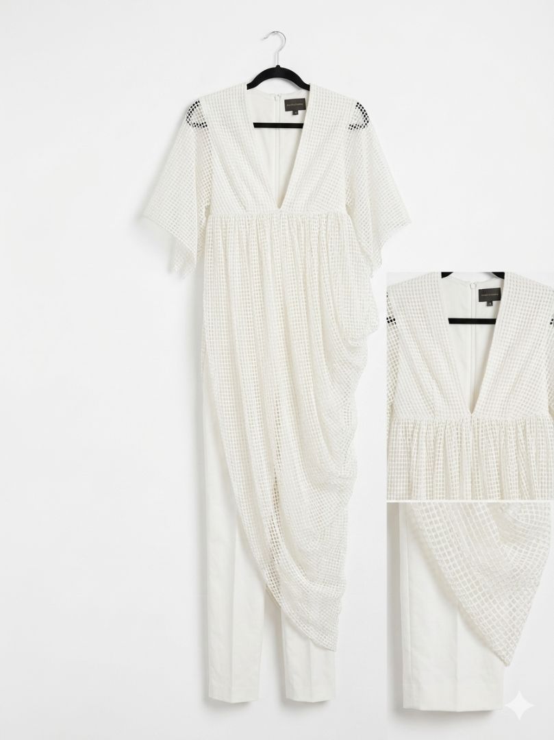GRETA CONSTANTINE white jumpsuit with crocert tshirt/lace overtop