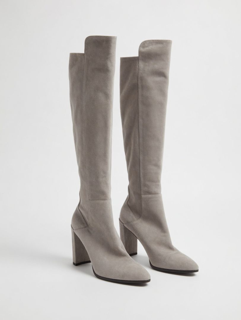 STUART WEITZMAN taupe/grey over the knee suede heel boots, zip up