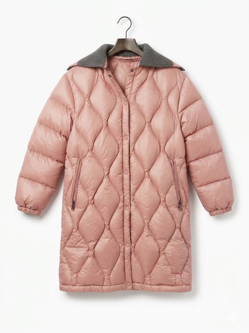 MONCLER pink puffer midi length coat with detachable grey knit collar