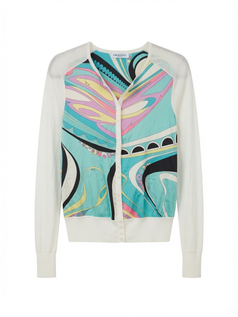 PUCCI cardigan, white knit sleeves and blue pink yellow silk blend center