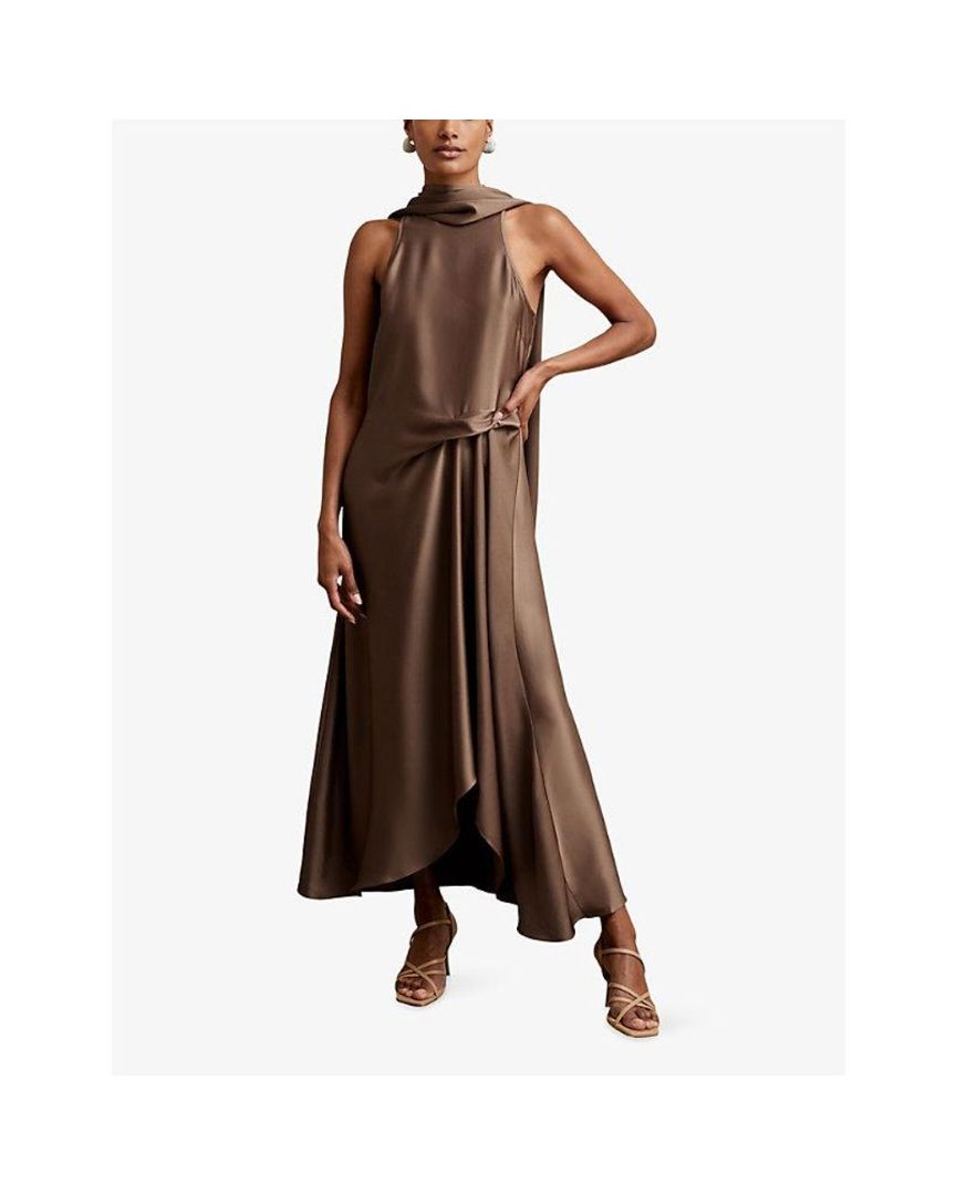 Reiss Brown Satin Tie neck Maxi Dress NWT