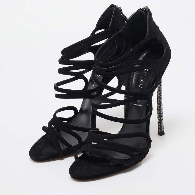 CASADEI black suede strappy heels with black/silver stud jewelled heel