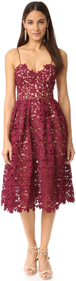 SELF PORTRAIT burgundy floral lace spaghetti strap midi dress