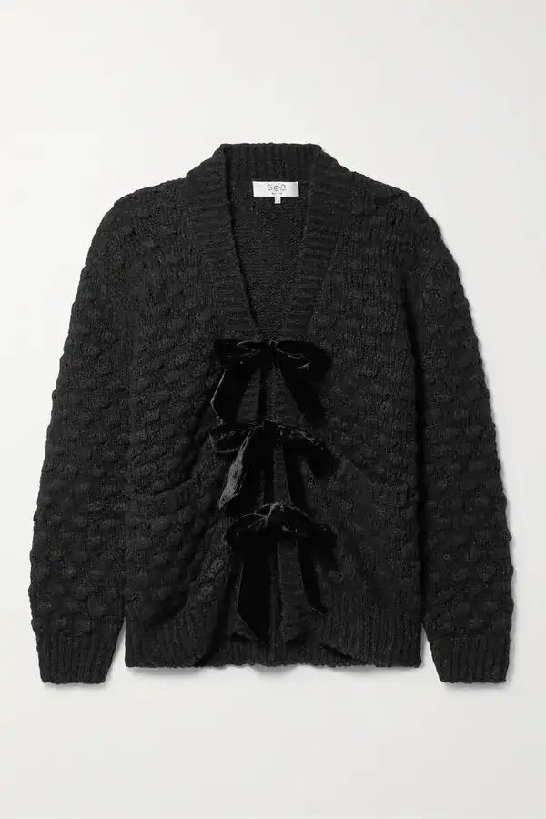 Sea New York Black Textured Knit Cardigan with Velvet Bows