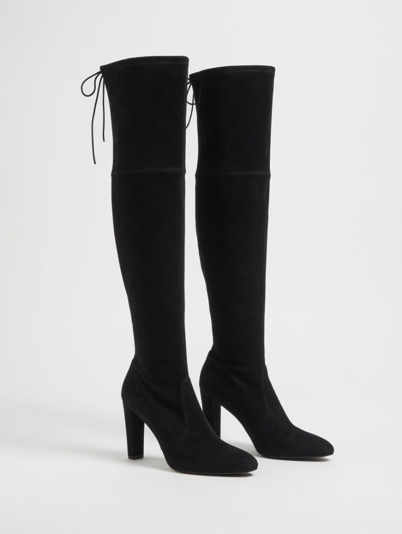 STUART WEITZMAN black over the knee suede heel boots, ties at top