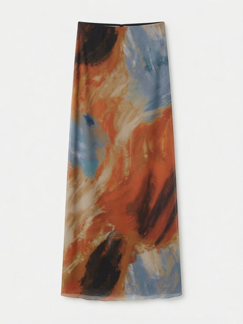 Zara Abstract Print Silk Maxi Orange and Blue Swirl Dress