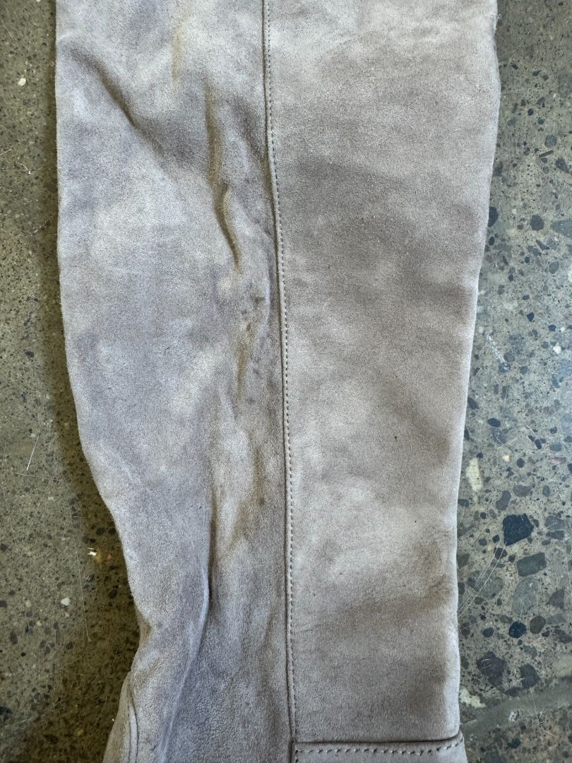 STUART WEITZMAN taupe/grey over the knee suede heel boots, zip up