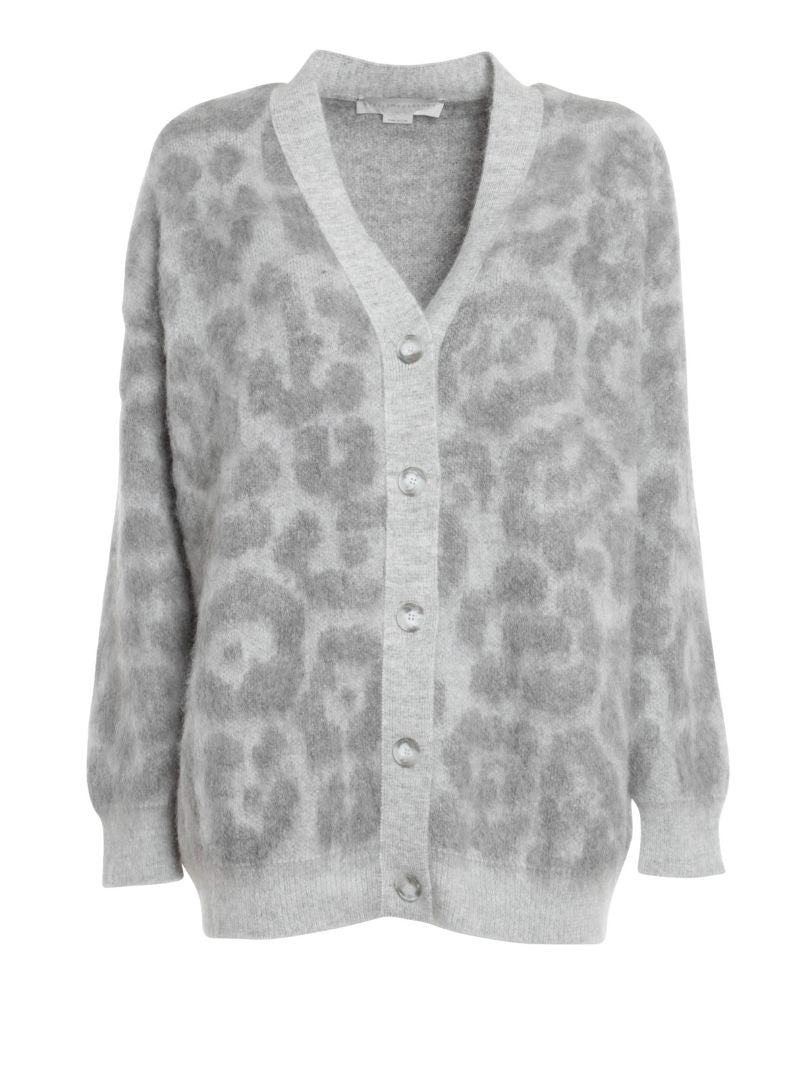 STELLA MCCARTNEY wool and mohair blend grey cardigan w leopard print