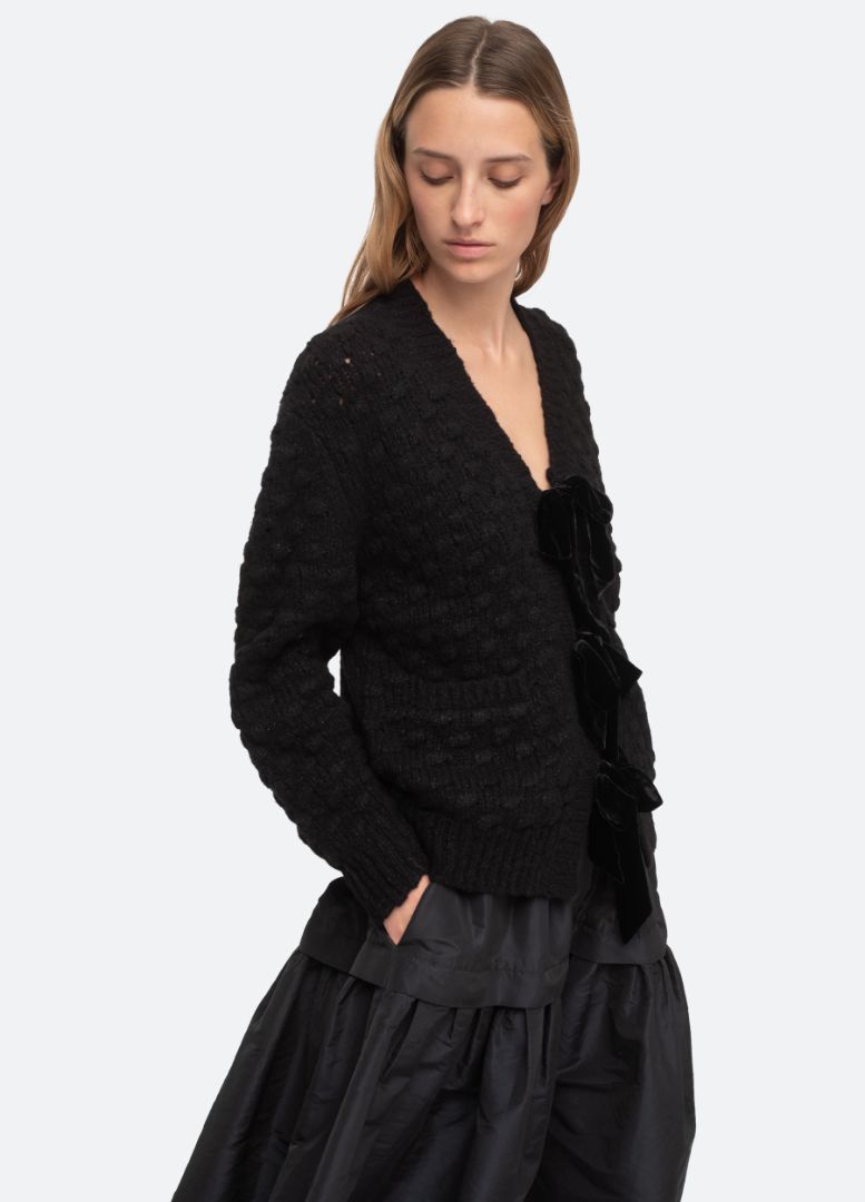 Sea New York Black Textured Knit Cardigan with Velvet Bows