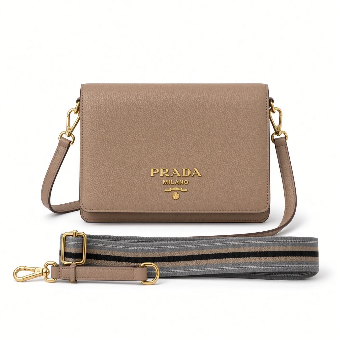Prada Taupe Pebbled Leather Crossbody Bag