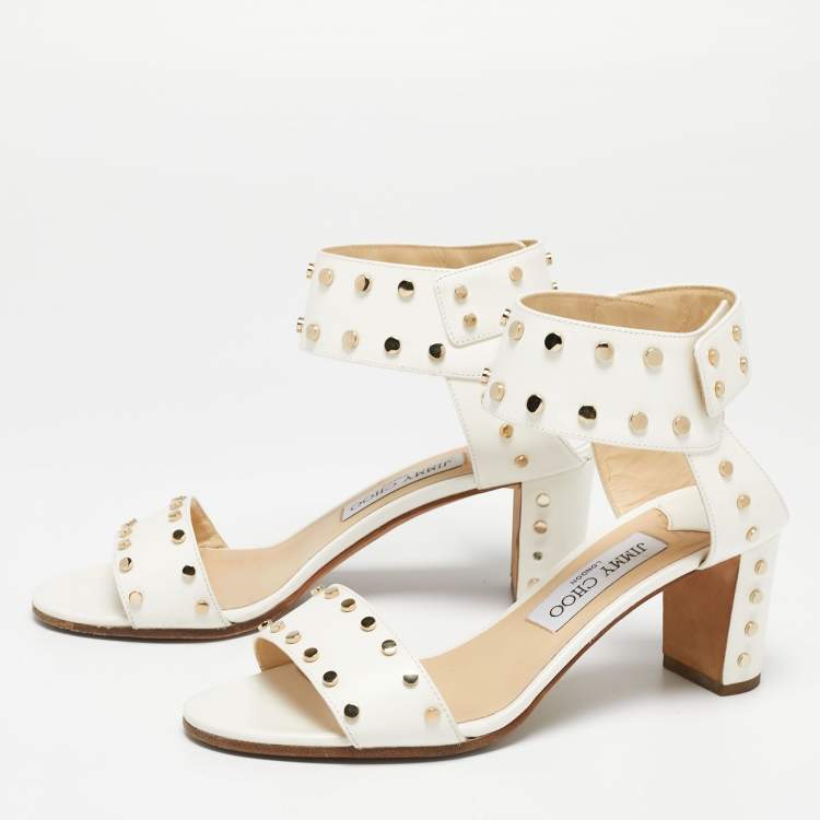 JIMMY CHOO cream leather studded open toe ankle strap sandal