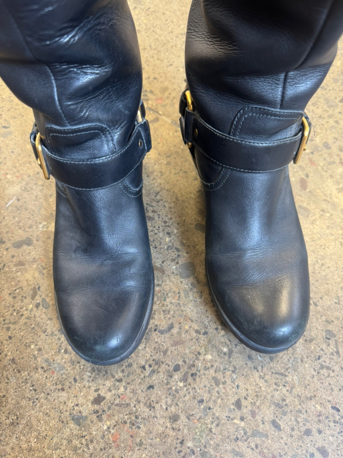 Prada Leather Knee High Riding Boots with Gold Buckles
