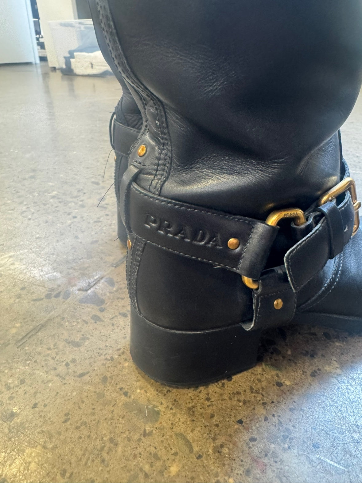 Prada Leather Knee High Riding Boots with Gold Buckles