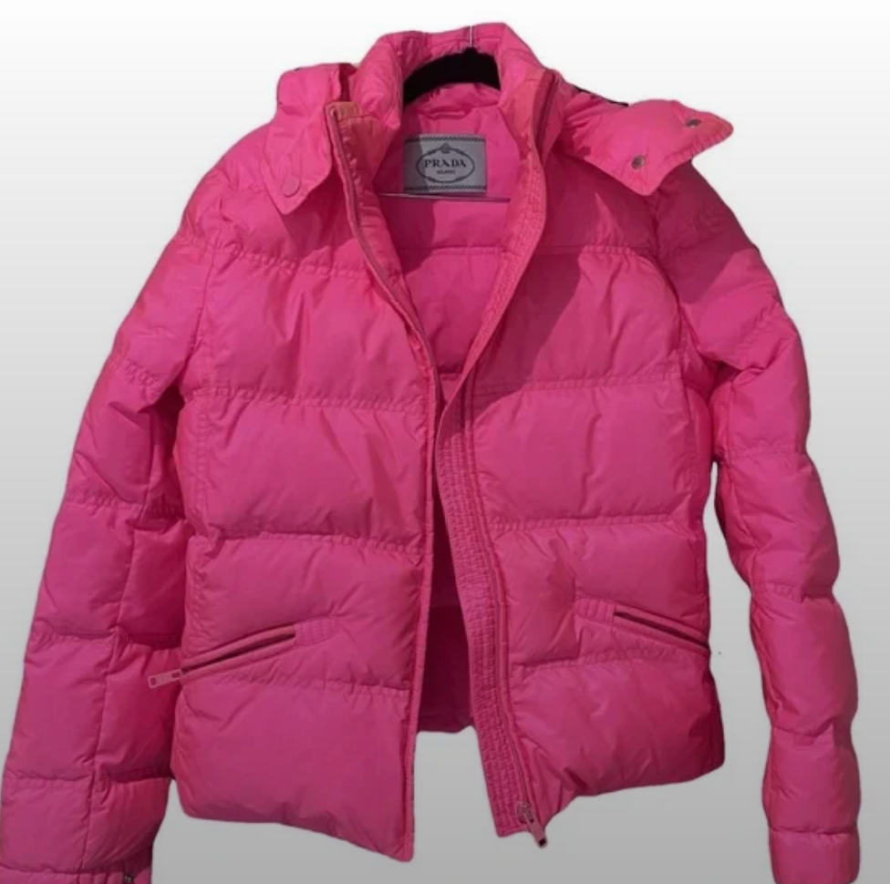 PRADA NEON PINK PUFFER JACKET WITH HOOD, 46