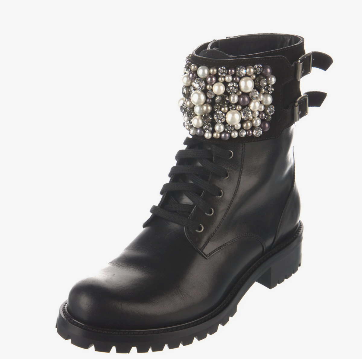 René Caovilla Leather Crystal Embellishments Combat Boots