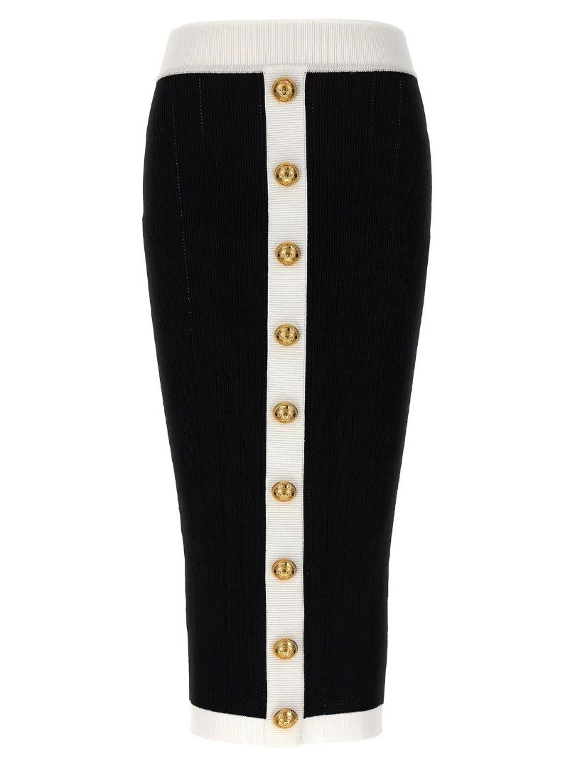 BALMAIN black ribbed white with gold buttons skirt