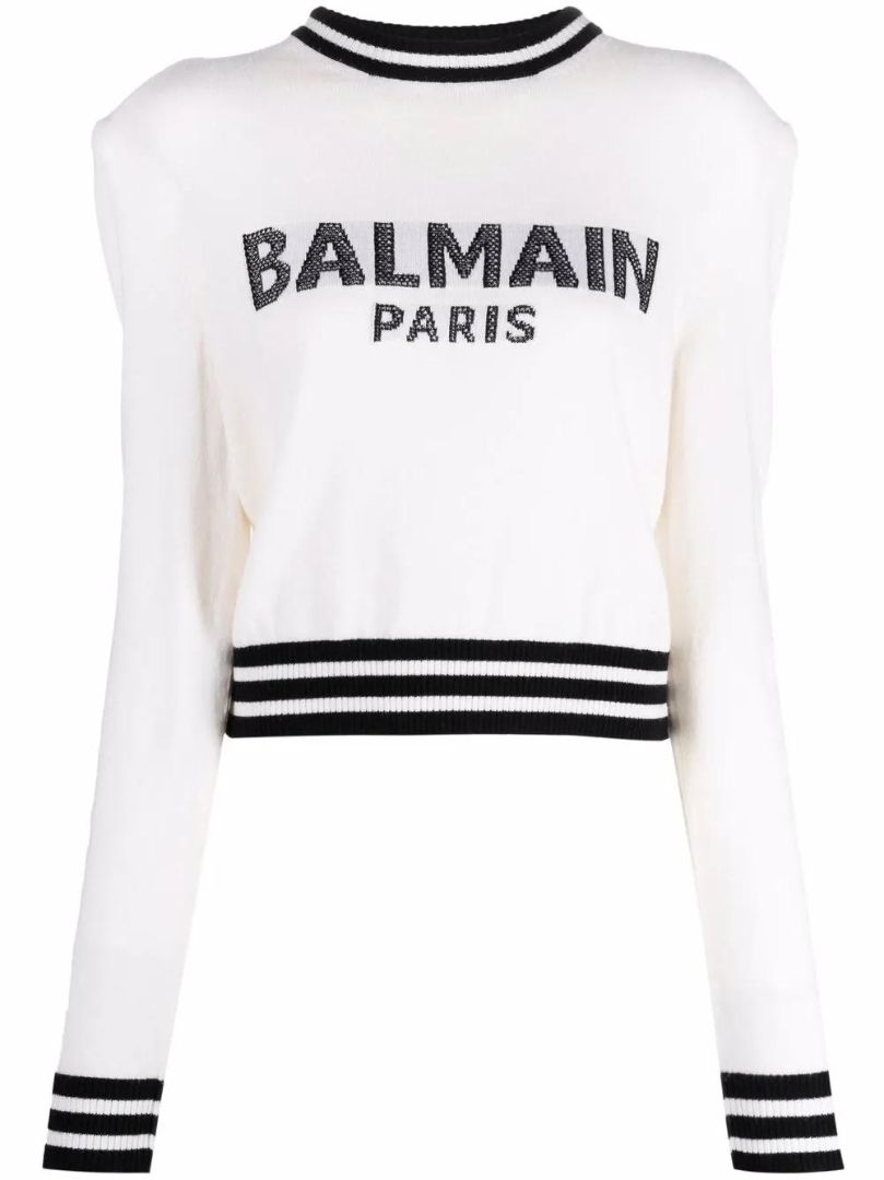 BALMAIN white, black sweater with shoulder pads and logo