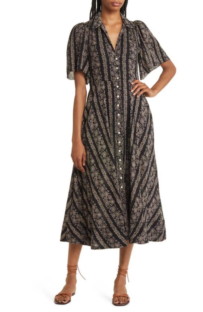 THE GREAT sheer black cotton maxi dress, puffy short sleeves
