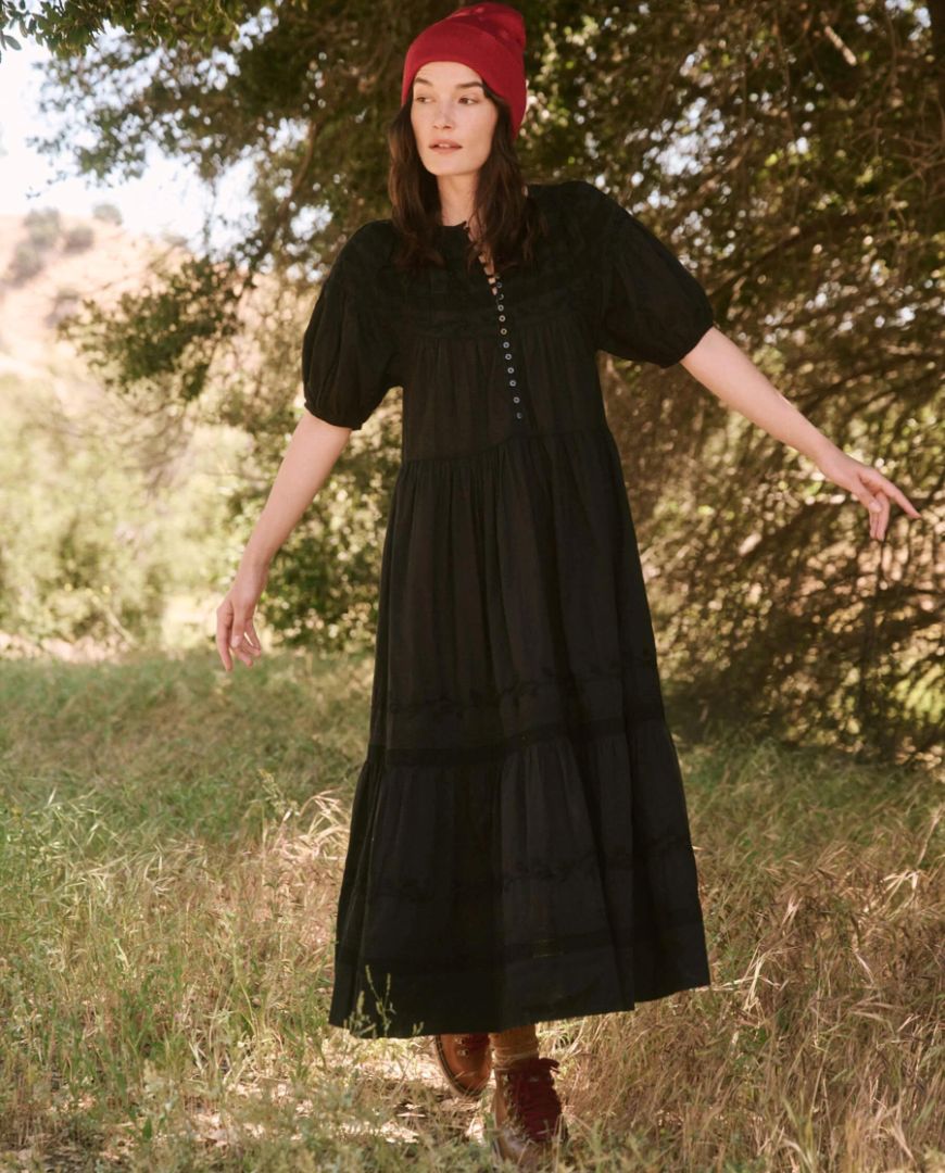 THE GREAT 100% cotton maxi tshirt button up dress, black with beige floral stripes