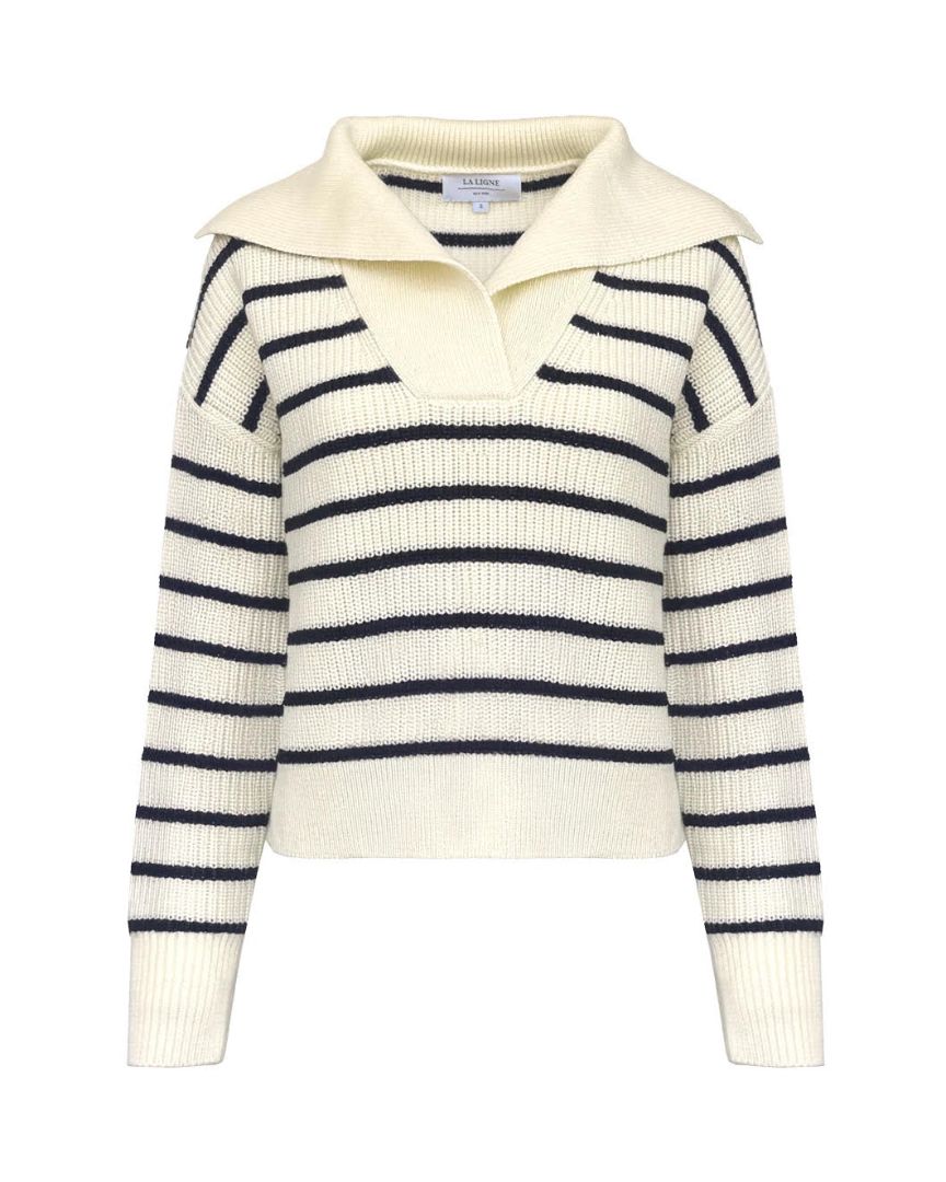 LA LIGNE merino wool cream w black stripes collar knit pullover