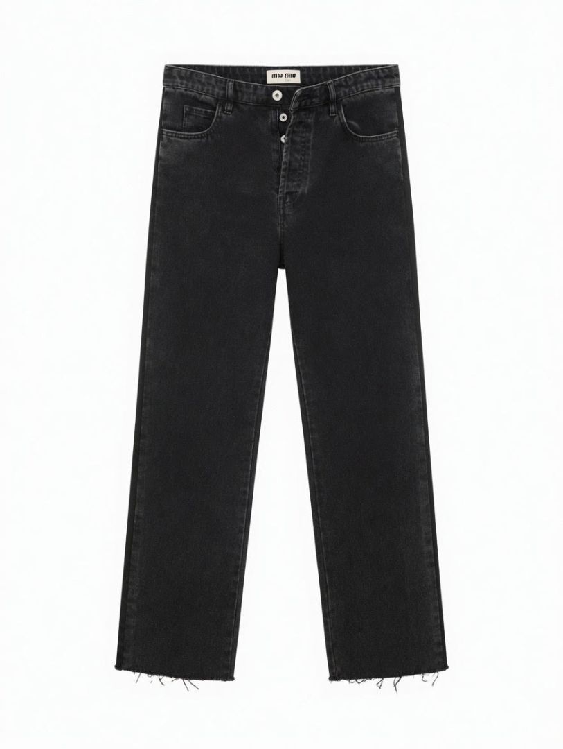 MIu Miu Black High Rise Straight Leg Raw Hem Jeans