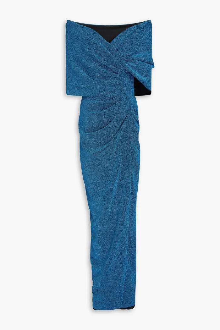 Rhea Costa Teal Metallic Off the Shoulder Ruched Twist Front Evening Gown