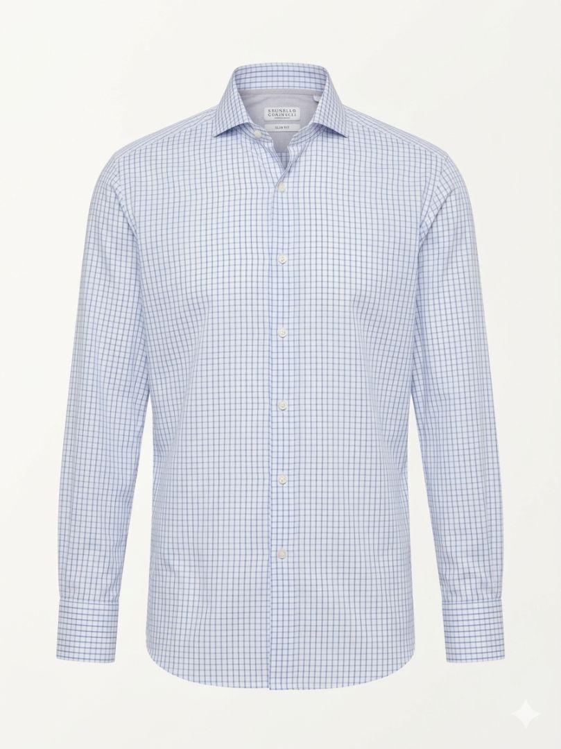 Brunello Cucinelli Slim Fit Light Blue Micro Check Dress Shirt (men's)