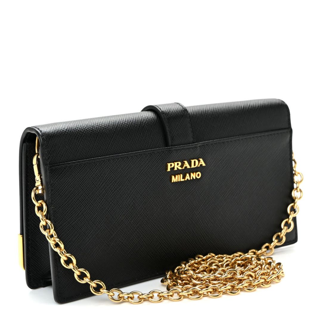 Prada Black Leather Chain Shoulder Bag with Gold Lock