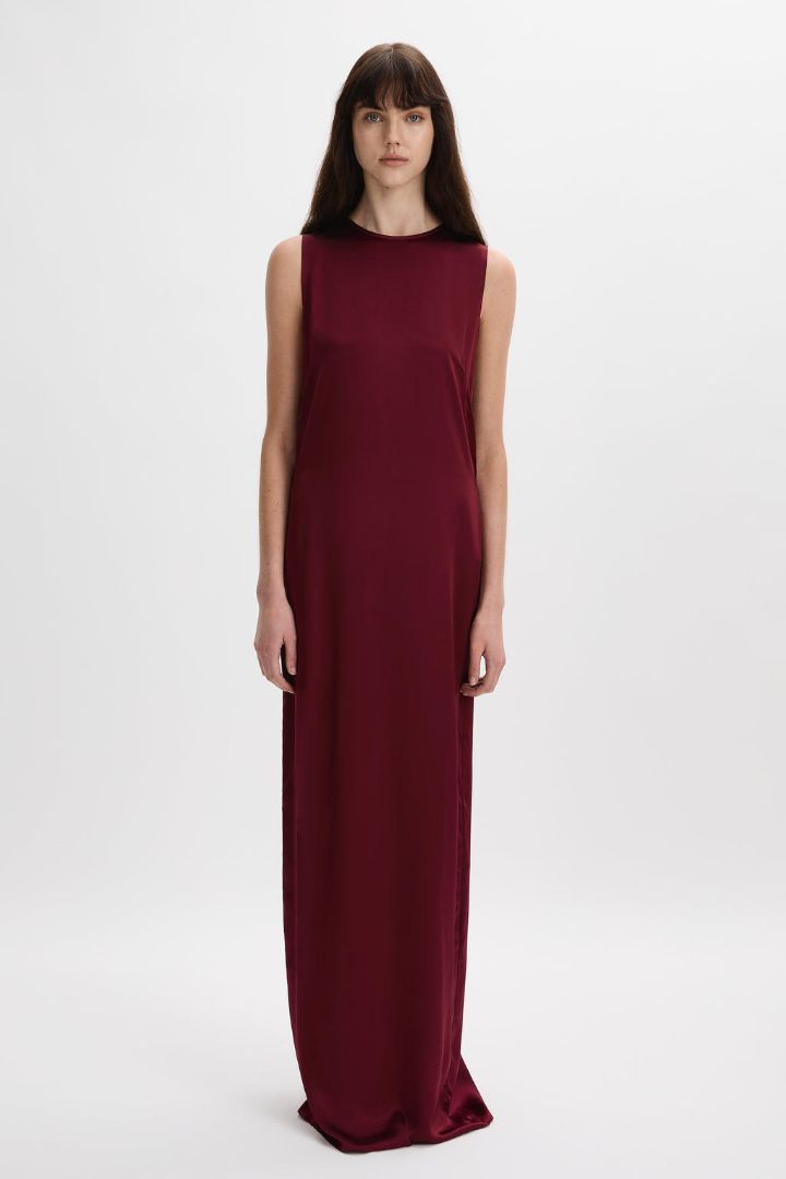 Beare Park Burgundy Satin Sleeveless Maxi Dress with Shoulder Ties