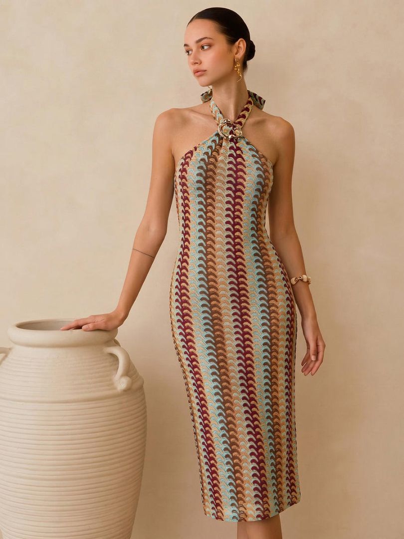 COMMENSE NEW long multi colour halter dress with GHW (red, orange, teal, yellow)
