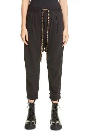 R13 black (lightly faded) drop crotch sweatpants, leopard drawstring