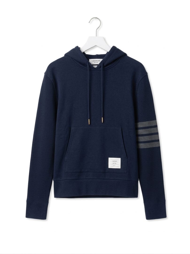THOM BROWNE navy hoodie w ribbed sleeves (men's)